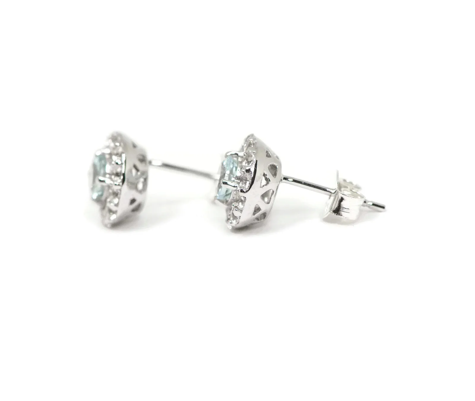 Sterling Silver Genuine Aquamarine & White Topaz Halo 9mm Stud Earrings