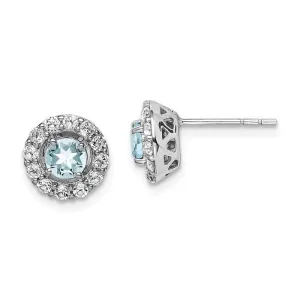 Sterling Silver Genuine Aquamarine & White Topaz Halo 9mm Stud Earrings