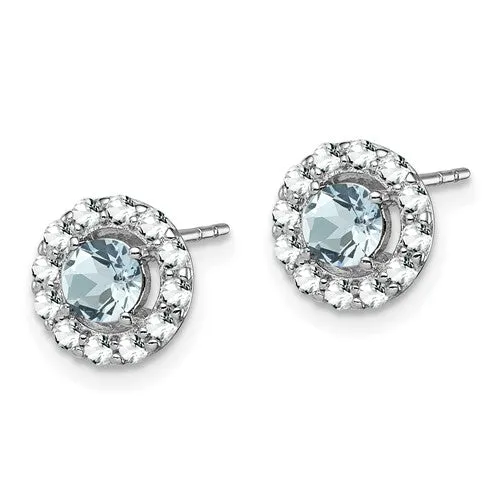 Sterling Silver Genuine Aquamarine & White Topaz Halo 9mm Stud Earrings