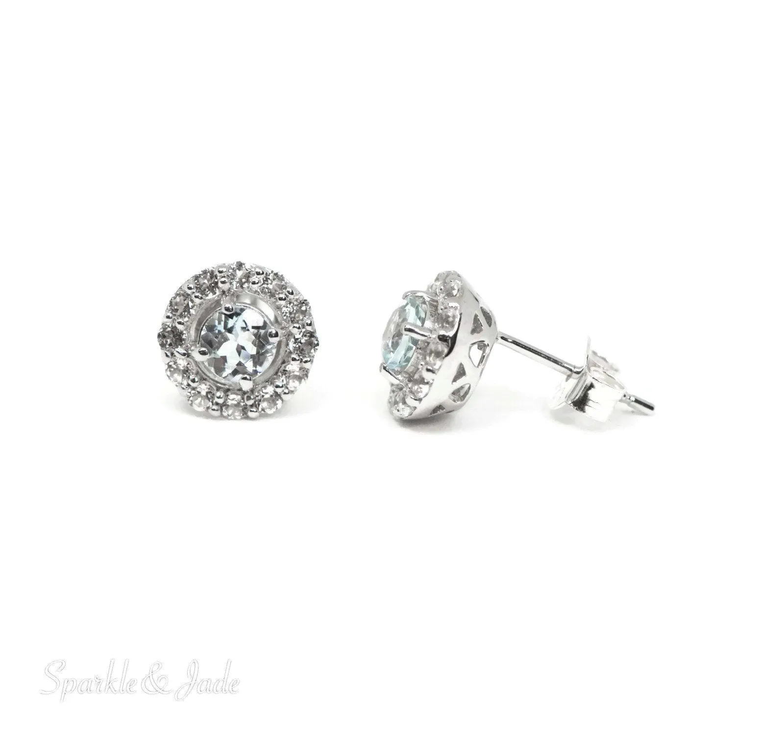 Sterling Silver Genuine Aquamarine & White Topaz Halo 9mm Stud Earrings