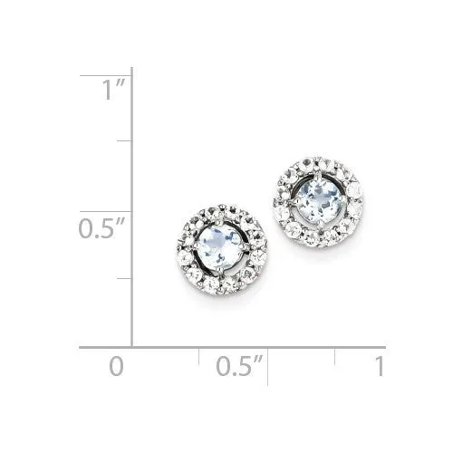 Sterling Silver Genuine Aquamarine & White Topaz Halo 9mm Stud Earrings