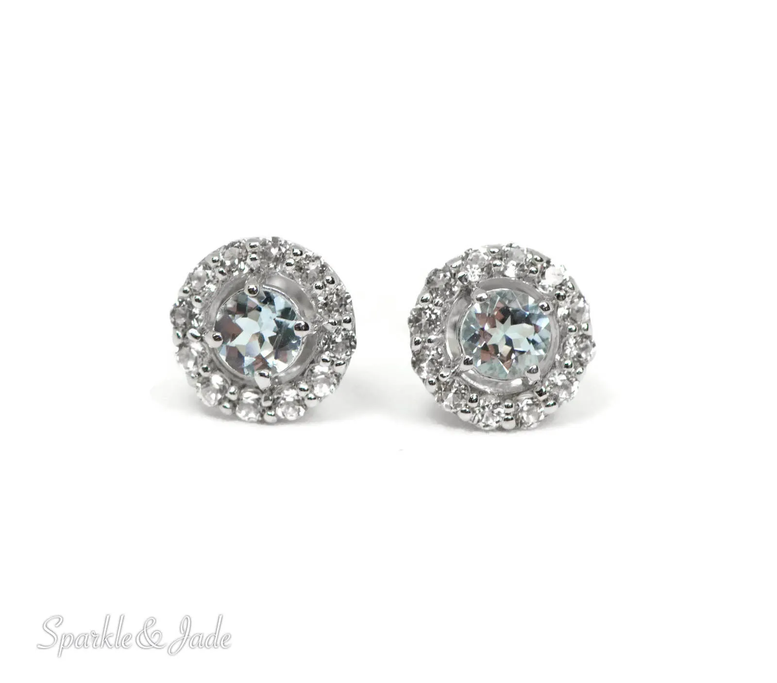 Sterling Silver Genuine Aquamarine & White Topaz Halo 9mm Stud Earrings