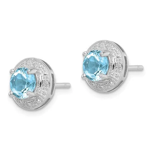 Sterling Silver Light Swiss Blue Topaz & Diamond Halo Post Earrings