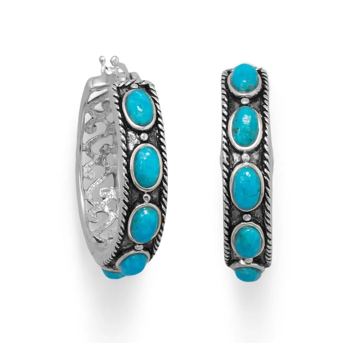 Sterling Silver Ornate Oxidized Turquoise 30mm Hoop Earrings