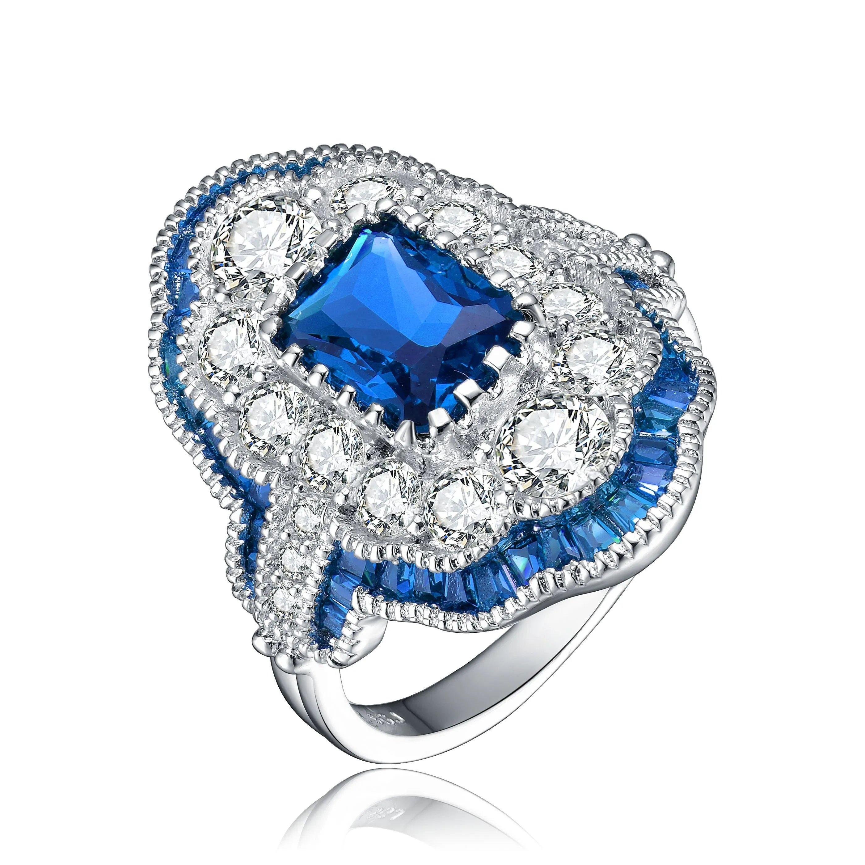 Sterling Silver Sapphire Cubic Zirconia Pave Cocktail Ring