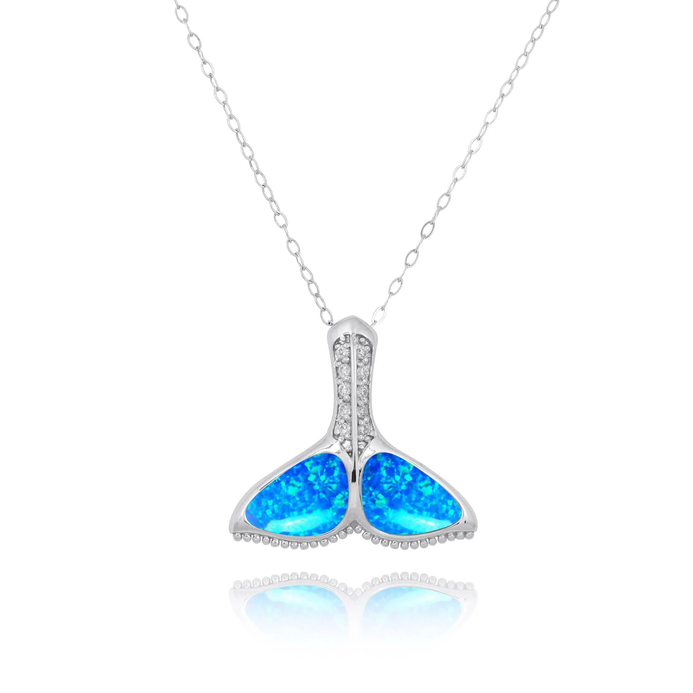 Sterling Silver Whale Tail with Blue Opal and White CZ Pendant Necklace