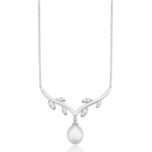 Sterling Silver with Drop 8-8.5mm Fresh Water Pearl & Cubic Zirconia Necklace