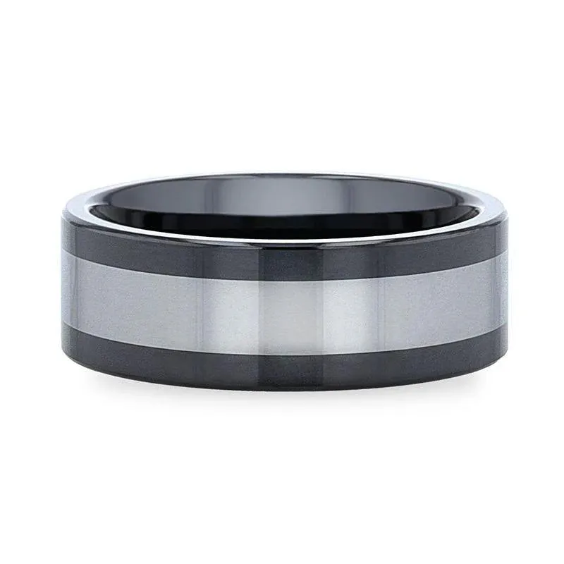 Thorsten Huskey Ceramic Wedding Band w/ Tungsten Inlay & Flat Polished Edges (8mm) W8995-SCIP