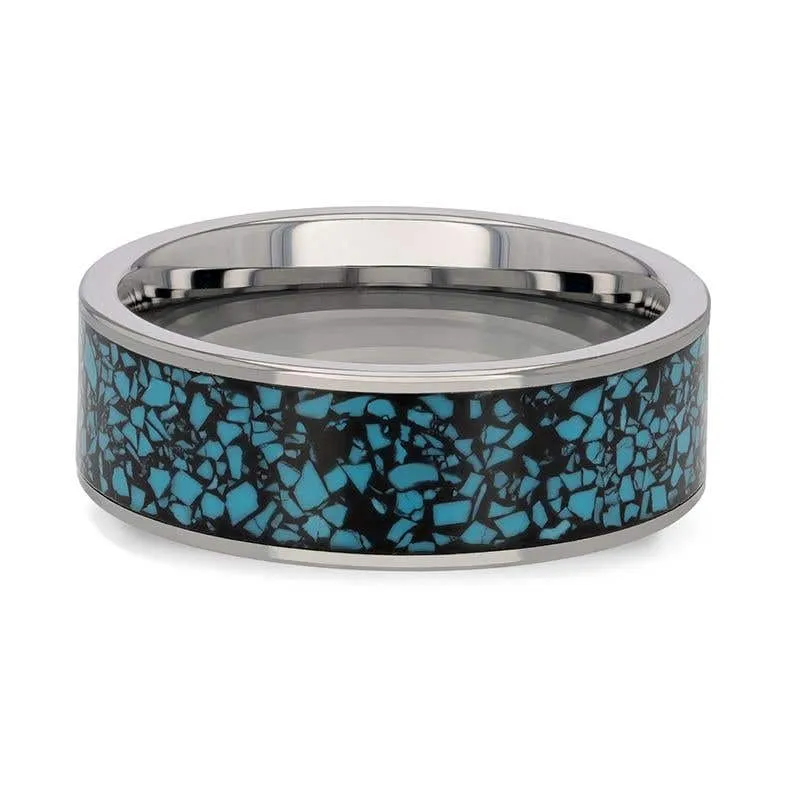 Thorsten TURKUAZ Crushed Turquoise Inlay Tungsten Men's Wedding Band With Flat Polished Edges - 8mm