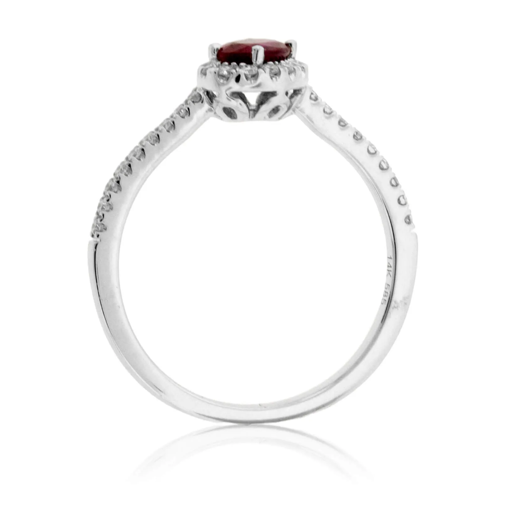 Tilted Oval Ruby and Diamond Halo Ring