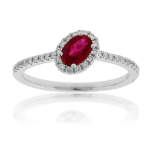 Tilted Oval Ruby and Diamond Halo Ring