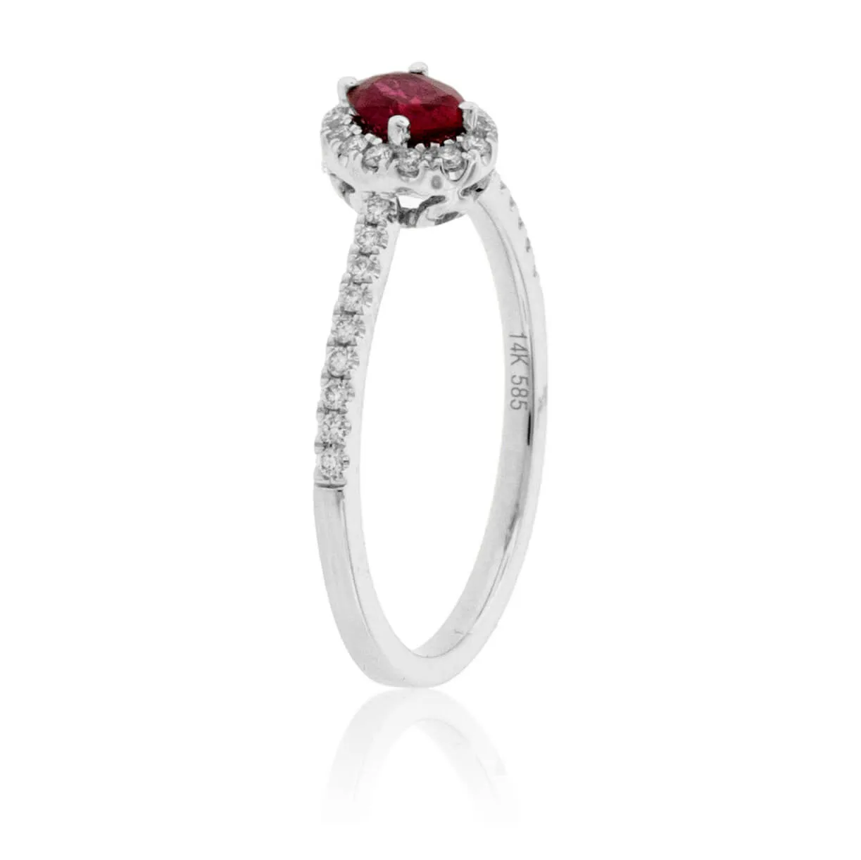 Tilted Oval Ruby and Diamond Halo Ring