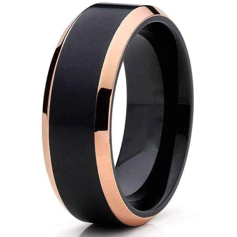 Titanium rings Oliveti Black Titanium and Rose Gold Men's Brushed Comfort Fit Band