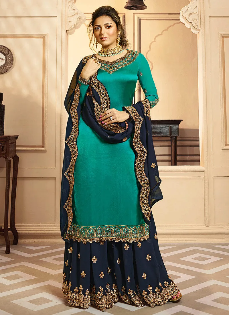 Turquoise And Blue Indian Gharara/Churidar Suit