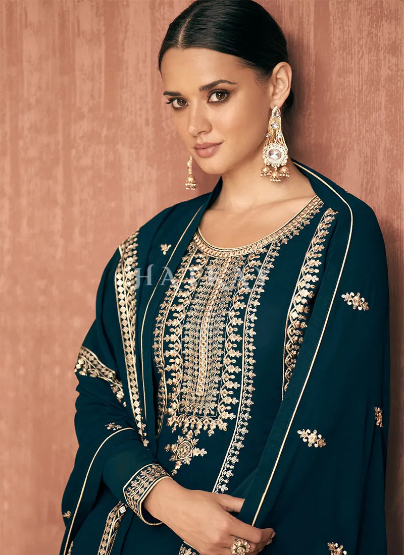 Turquoise Embroidered Georgette Gharara Suit