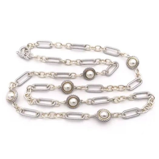 Unique Link With Pearl Pattern 2 Tone Design Long Brass Necklace