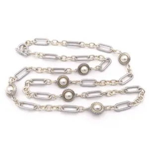 Unique Link With Pearl Pattern 2 Tone Design Long Brass Necklace