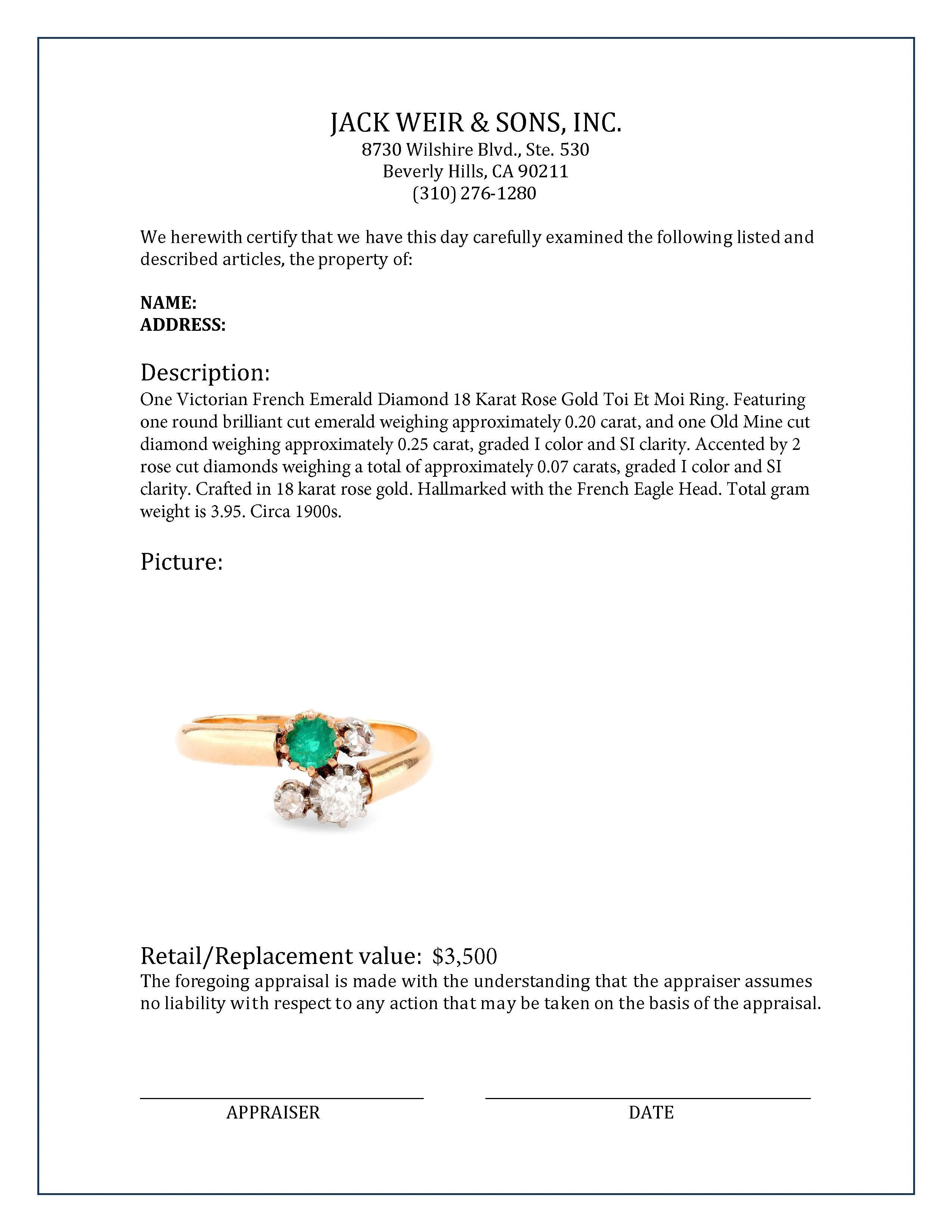 Victorian French Emerald Diamond 18K Rose Gold Toi Et Moi Ring