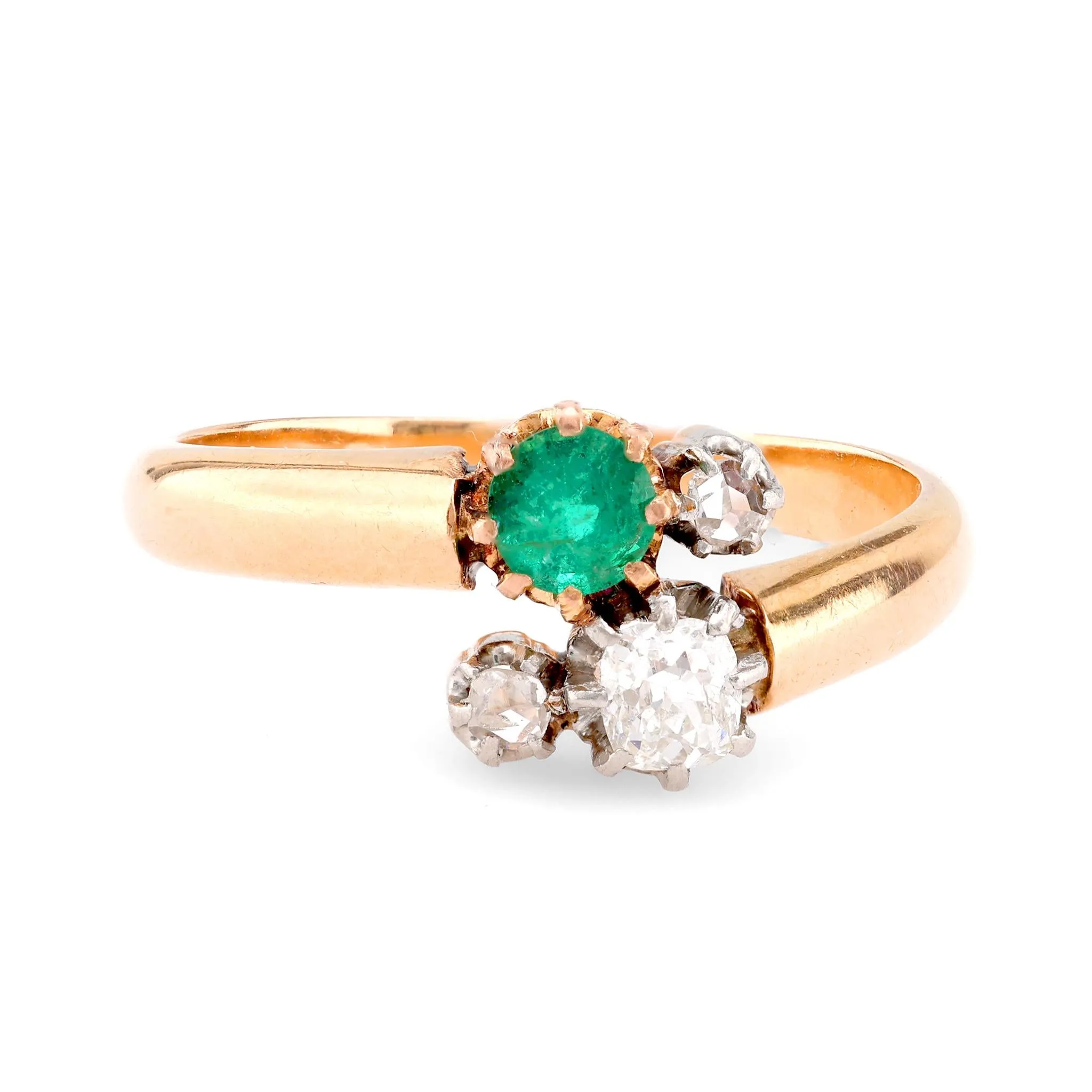 Victorian French Emerald Diamond 18K Rose Gold Toi Et Moi Ring