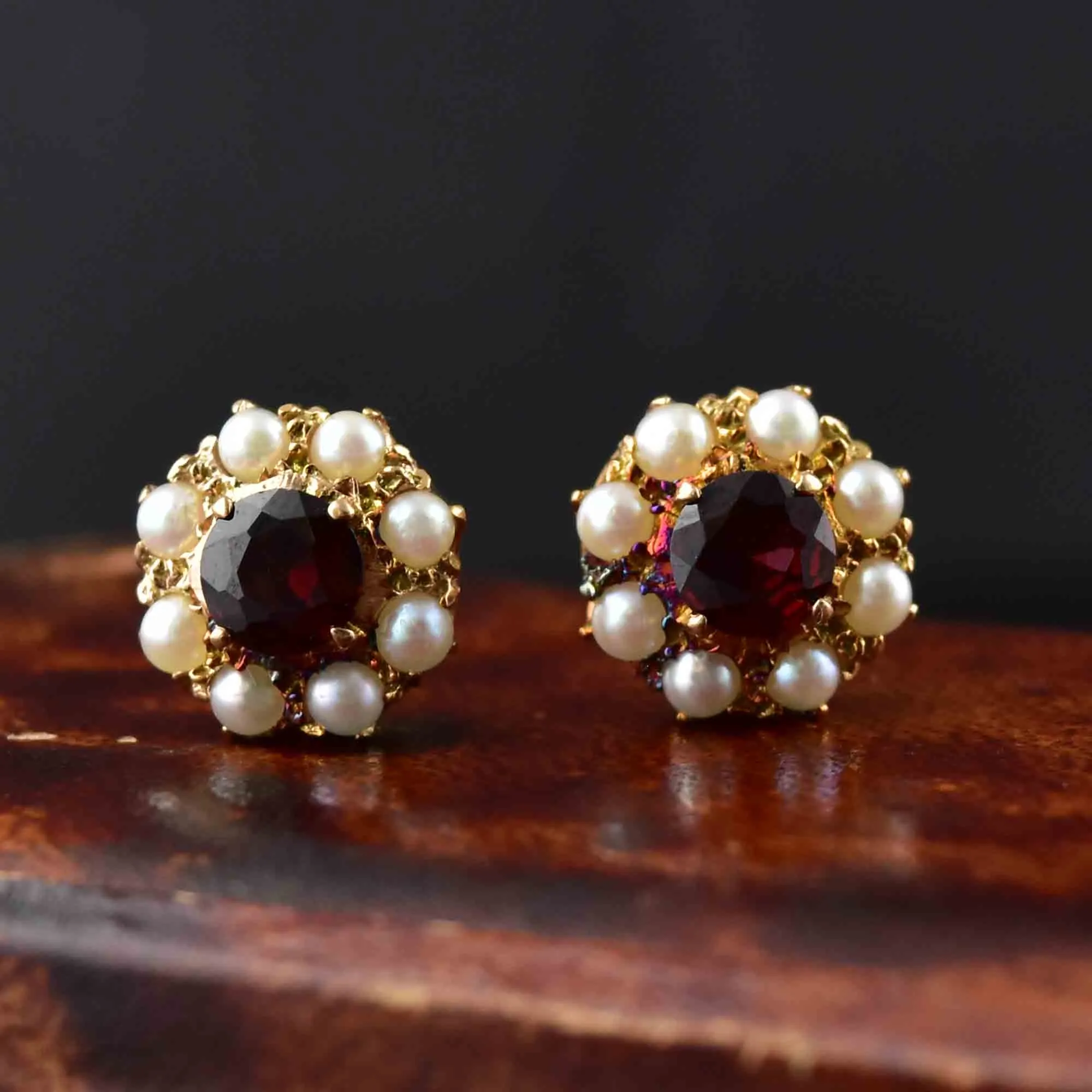 Vintage 10K Gold Garnet Pearl Stud Earrings