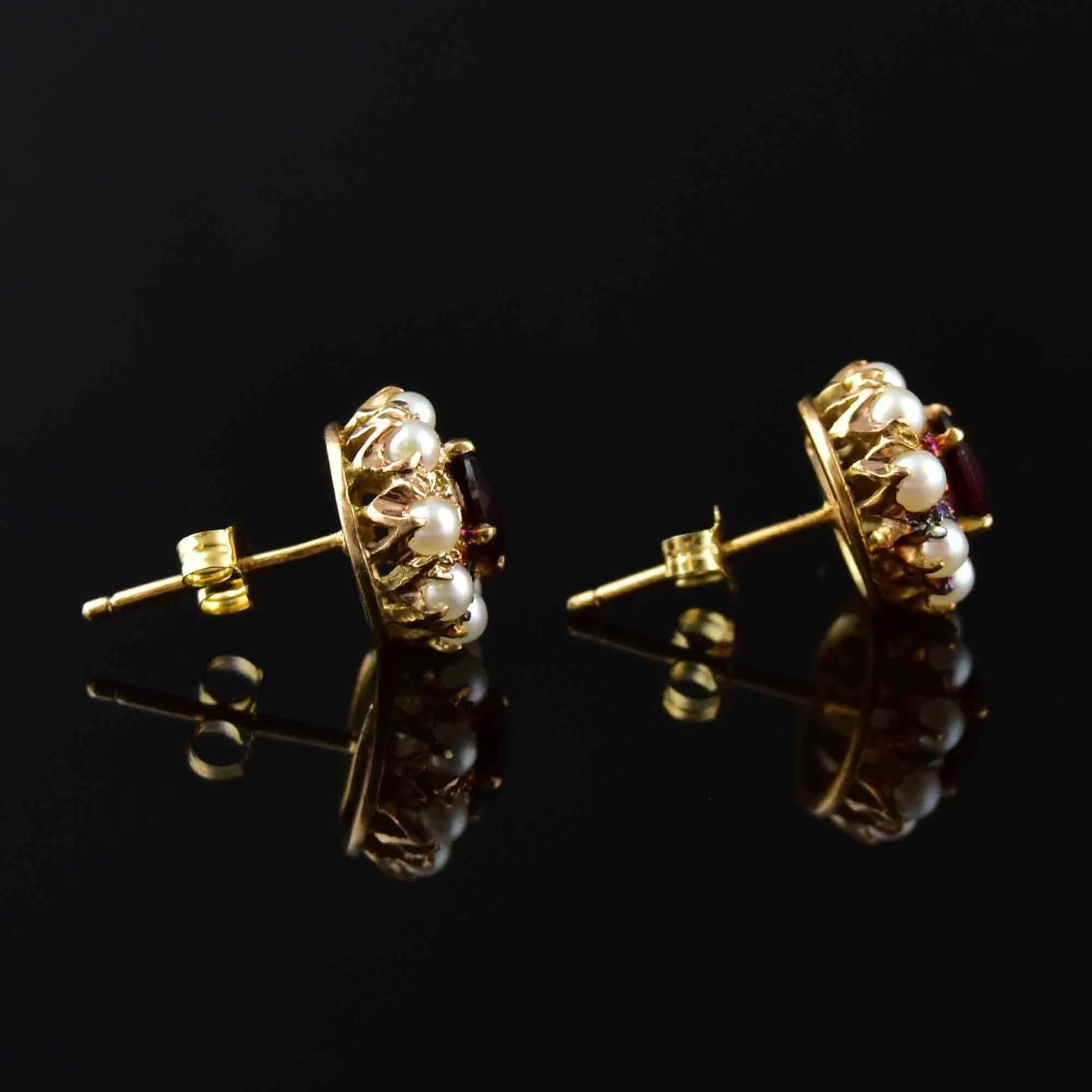 Vintage 10K Gold Garnet Pearl Stud Earrings