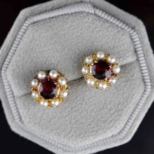 Vintage 10K Gold Garnet Pearl Stud Earrings