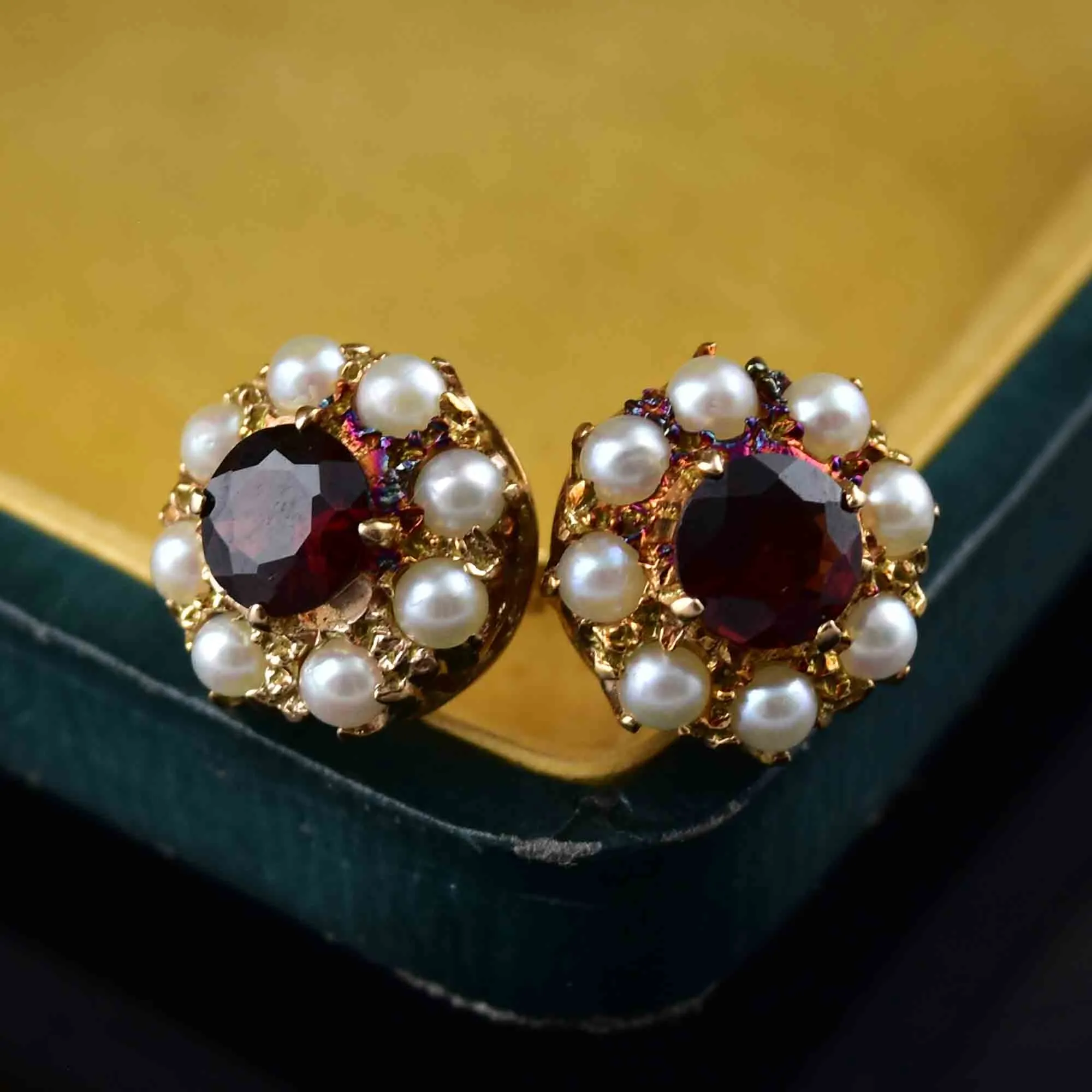 Vintage 10K Gold Garnet Pearl Stud Earrings