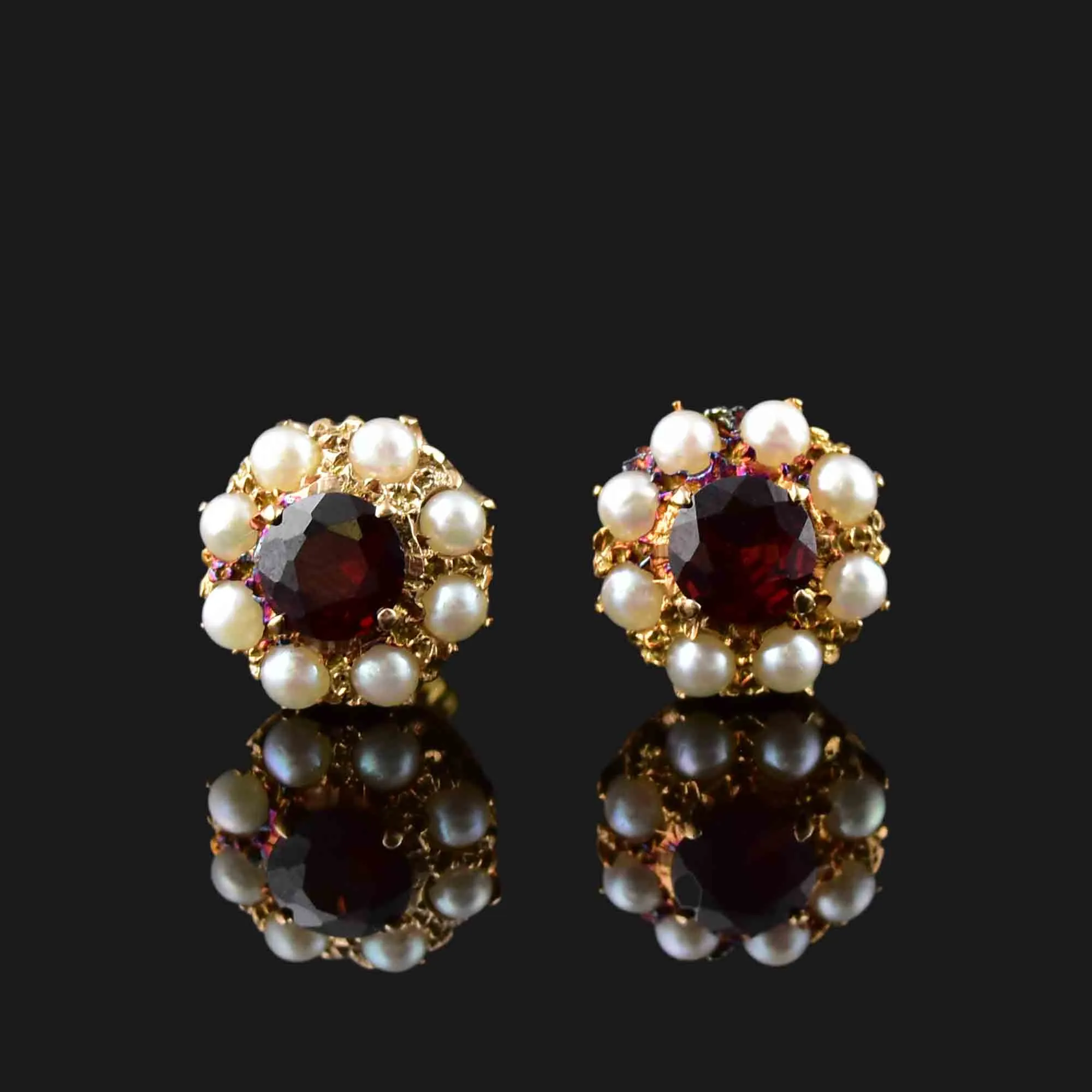 Vintage 10K Gold Garnet Pearl Stud Earrings