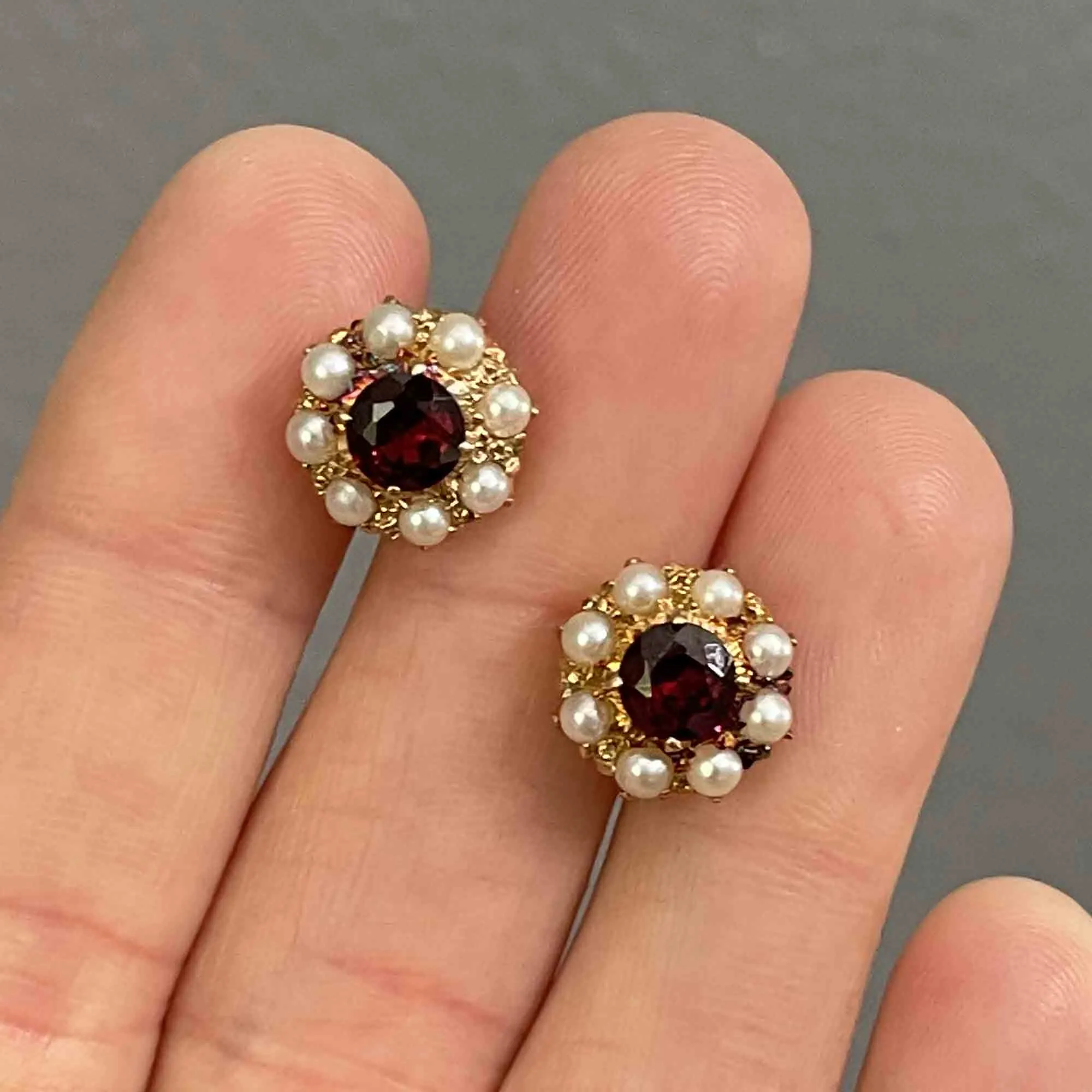 Vintage 10K Gold Garnet Pearl Stud Earrings