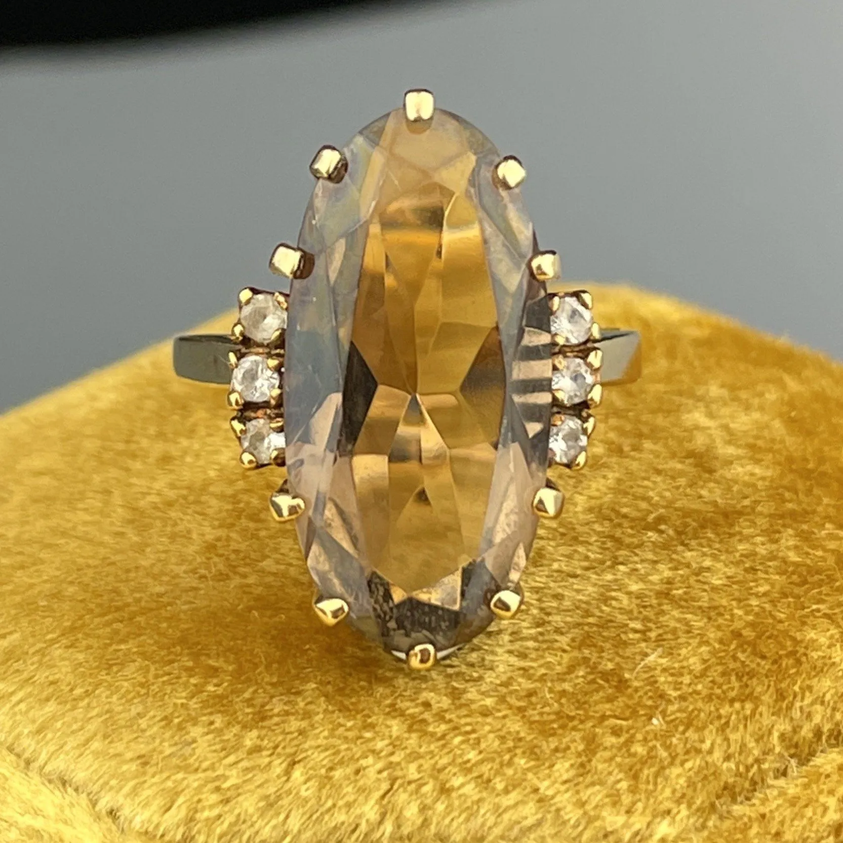 Vintage 10K Gold Large Smoky Quartz Statement Ring, Sz 7.5