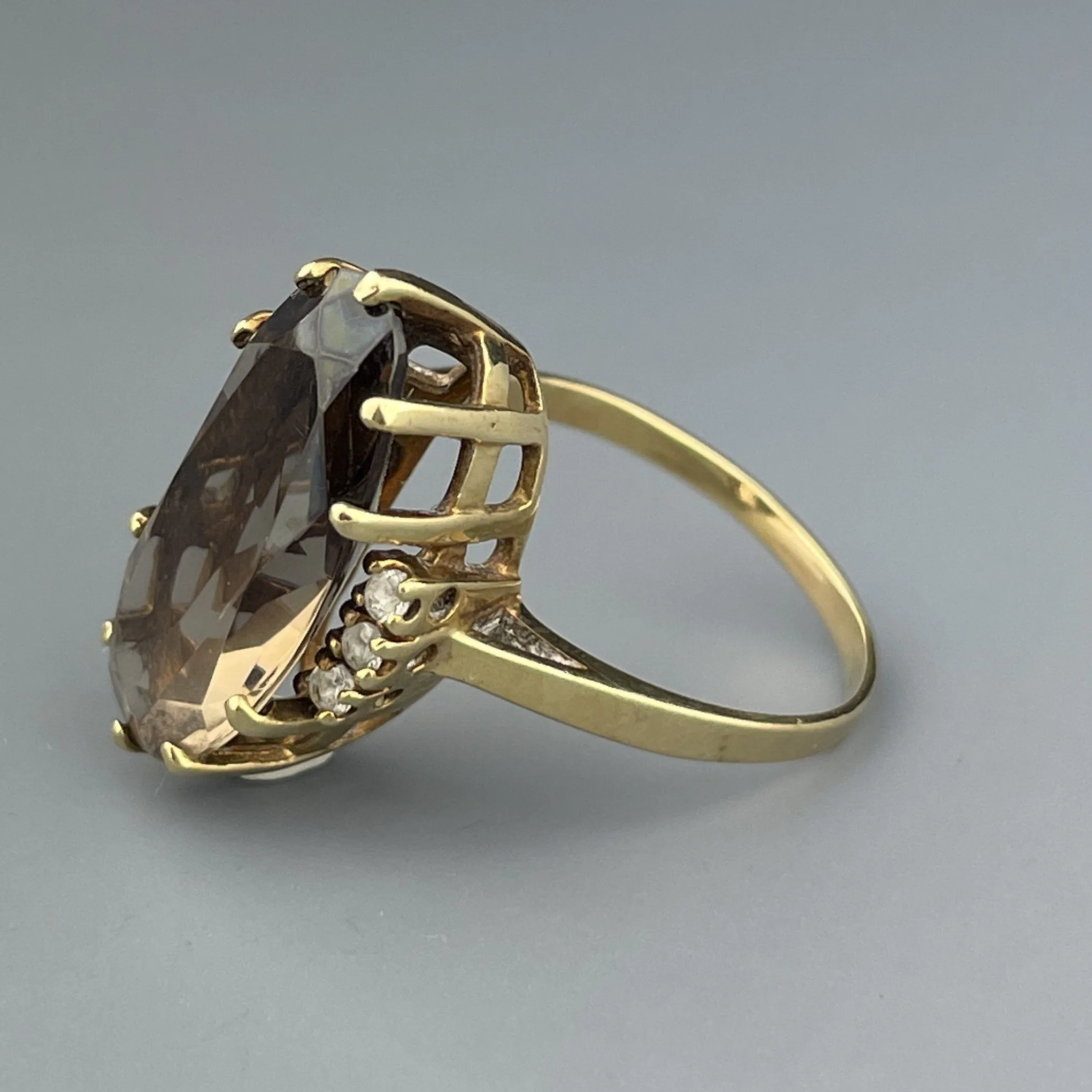 Vintage 10K Gold Large Smoky Quartz Statement Ring, Sz 7.5