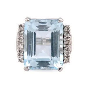 Vintage 15.3 Carat Aquamarine Diamond 14K White Gold Cocktail Ring