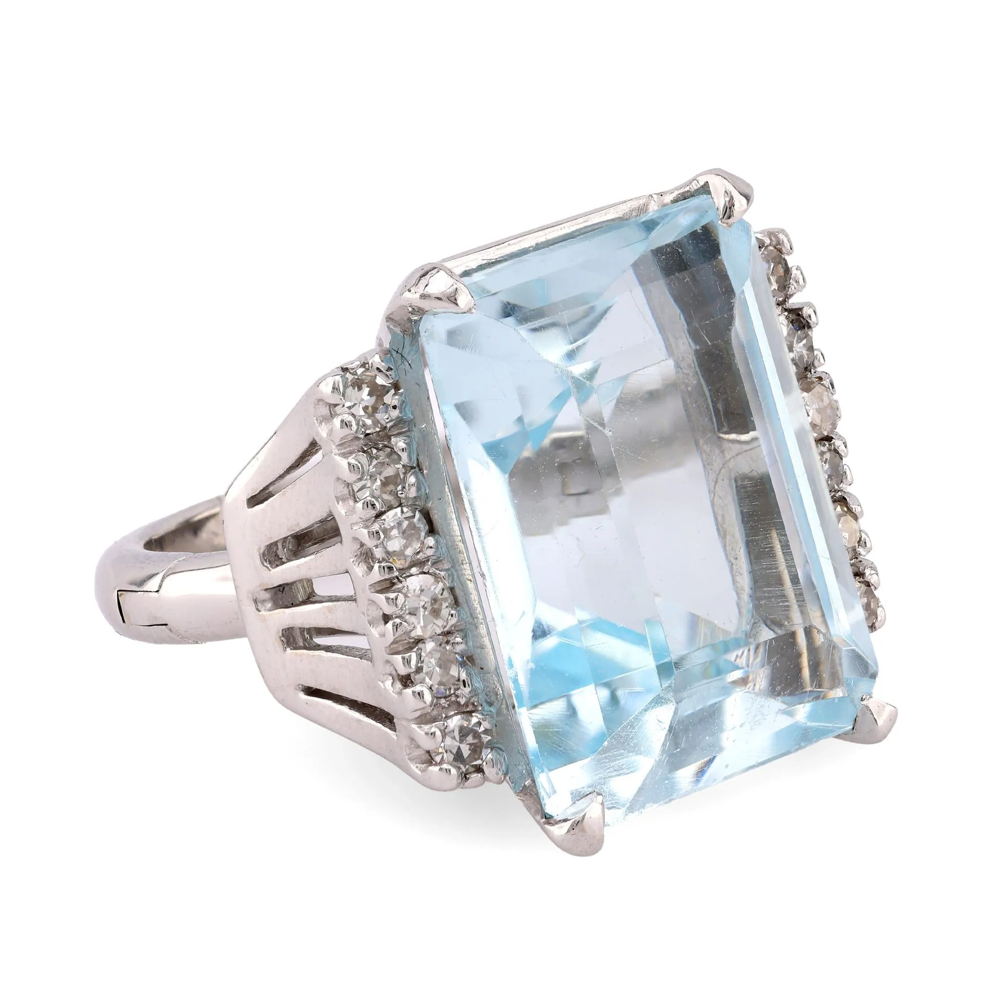 Vintage 15.3 Carat Aquamarine Diamond 14K White Gold Cocktail Ring