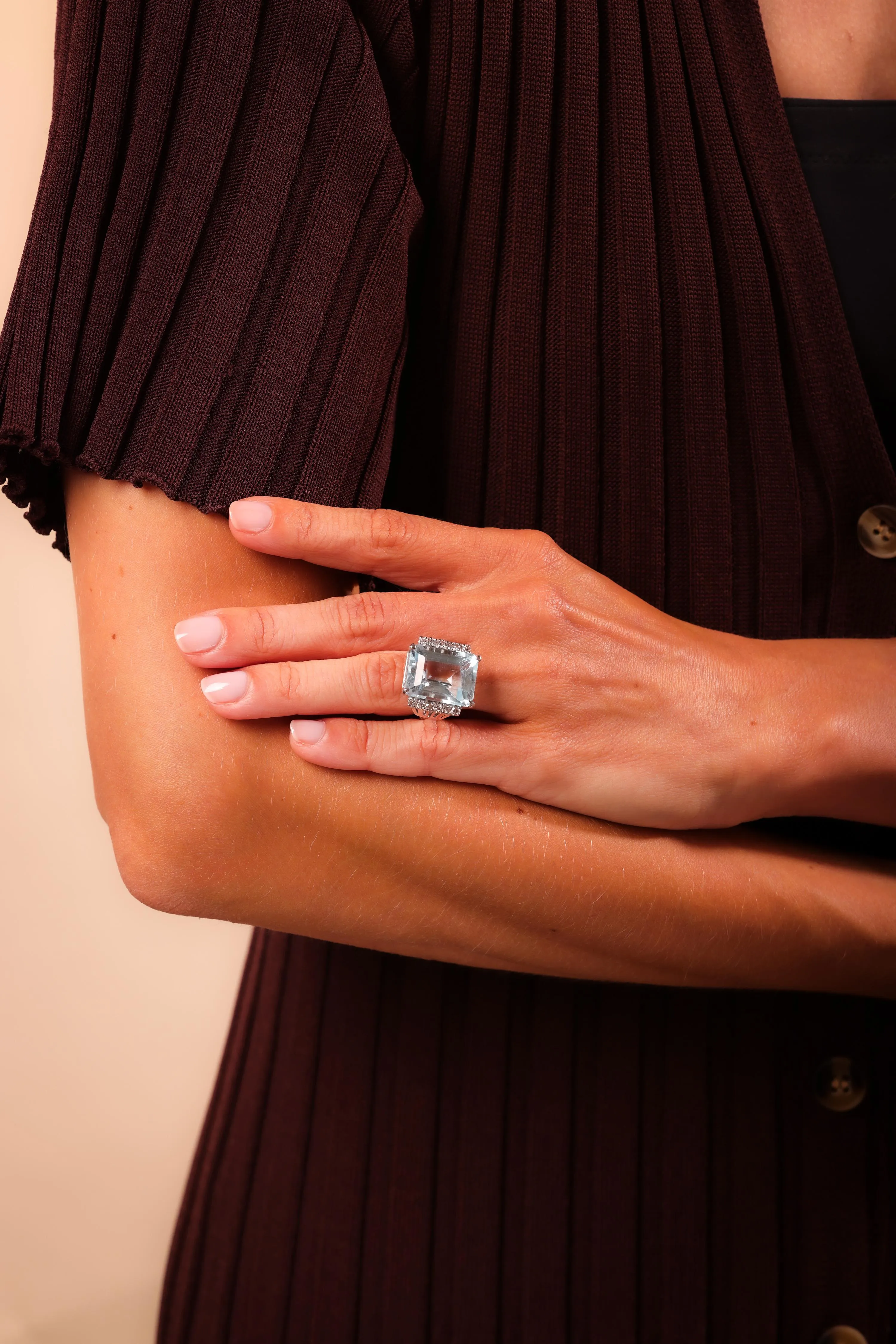 Vintage 15.3 Carat Aquamarine Diamond 14K White Gold Cocktail Ring