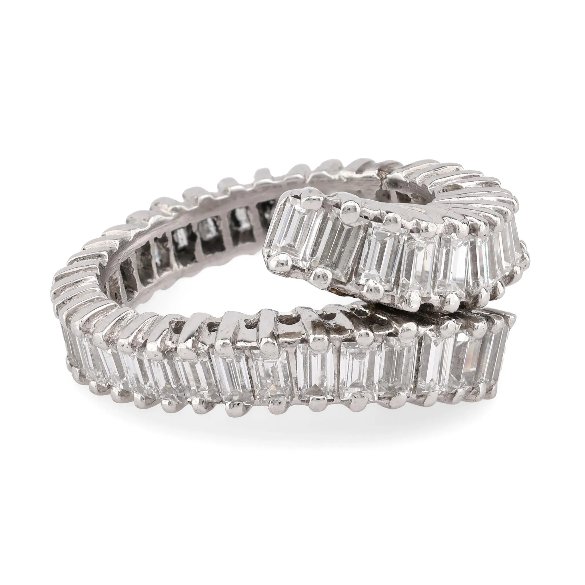 Vintage 3.5 Carat Baguette Cut Diamond Platinum Bypass Eternity Ring