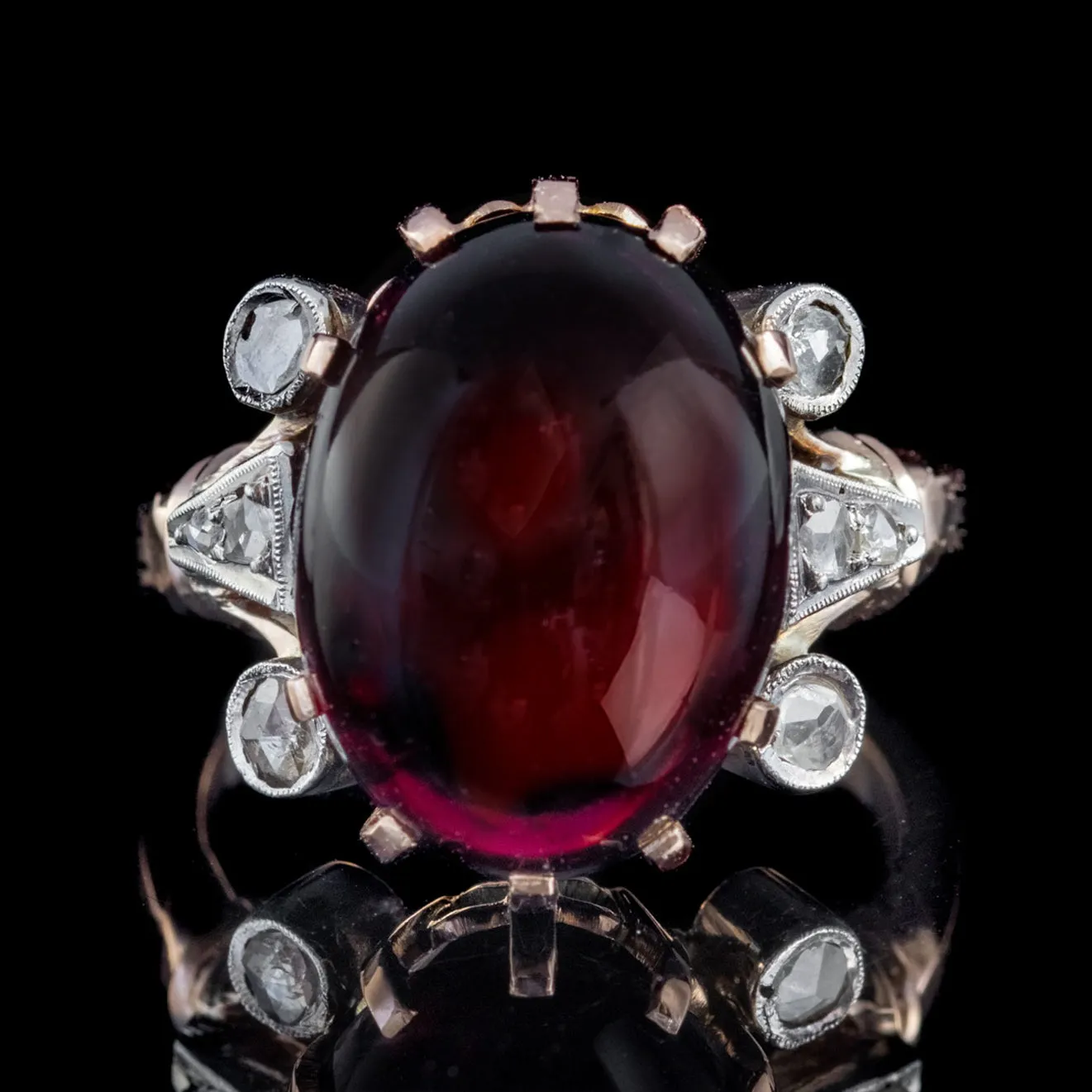 Vintage Cabochon Garnet Diamond Ring 9Ct Gold 10Ct Garnet Circa 1930