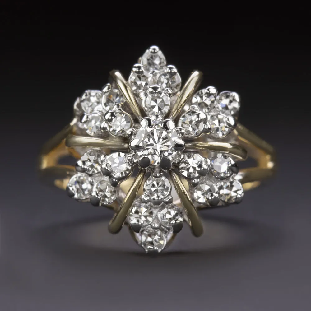 VINTAGE DIAMOND CLUSTER COCKTAIL RING F-G VS STAR FLOWER 14k YELLOW WHITE GOLD