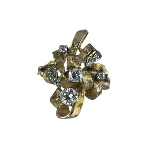 Vintage Diamond Cluster Ring with Old Hollywood Glamour. 14K Yellow Gold Setting with a Ribbon Design.