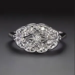 VINTAGE DIAMOND COCKTAIL RING 14k WHITE GOLD SCALLOPED HALO NATURAL CLUSTER