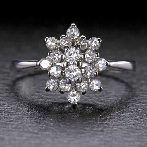 VINTAGE DIAMOND COCKTAIL RING CLUSTER 14k WHITE GOLD NATURAL ESTATE 1/2 CARAT