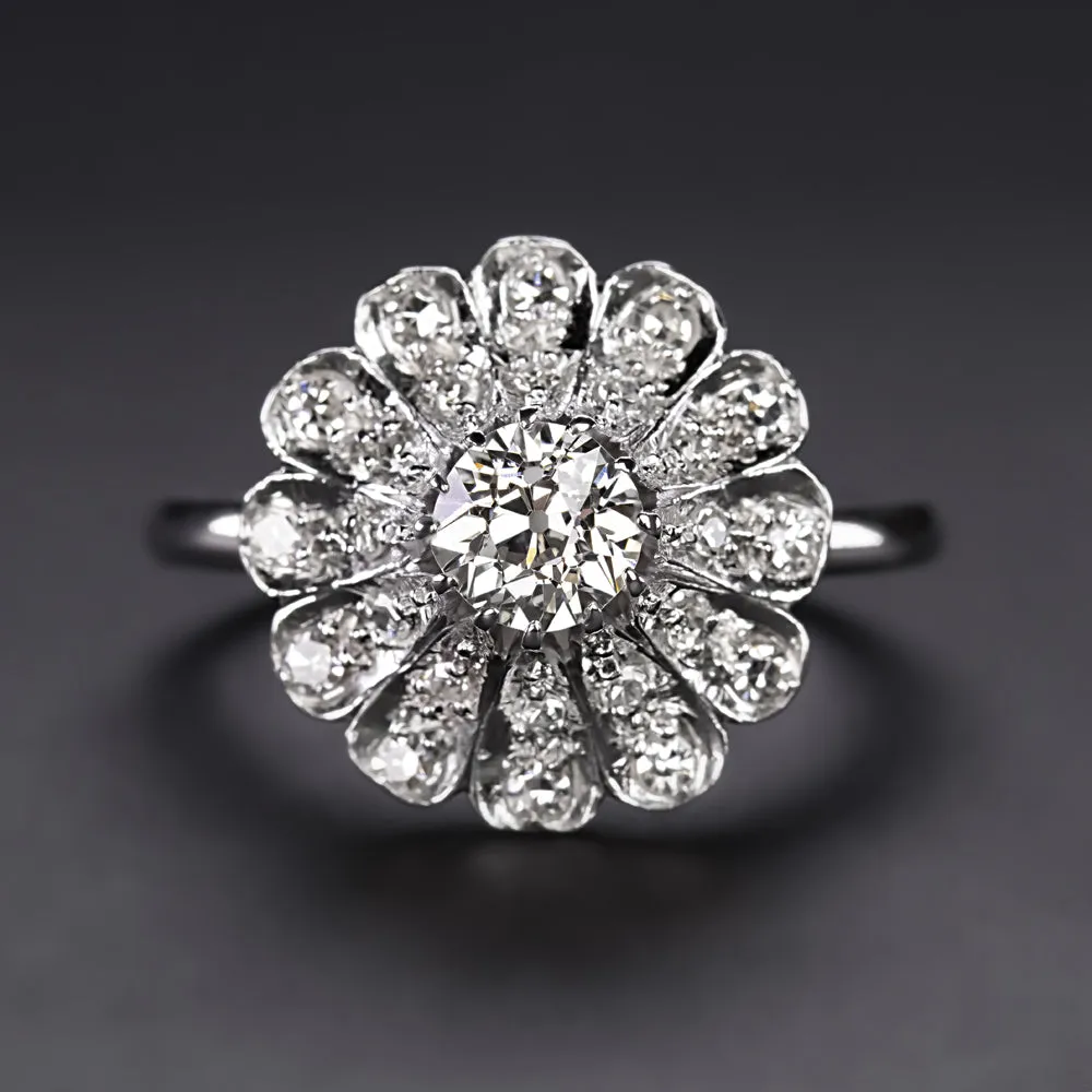 VINTAGE DIAMOND COCKTAIL RING OLD EUROPEAN CUT 0.90ct 14k WHITE GOLD CLUSTER