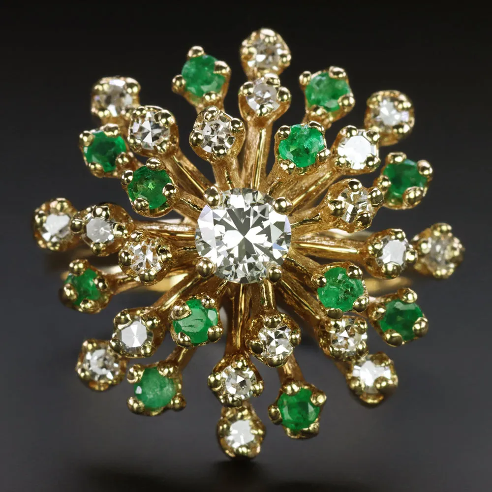 VINTAGE DIAMOND EMERALD COCKTAIL RING SWIVEL BALLERINA 14k YELLOW GOLD CLUSTER