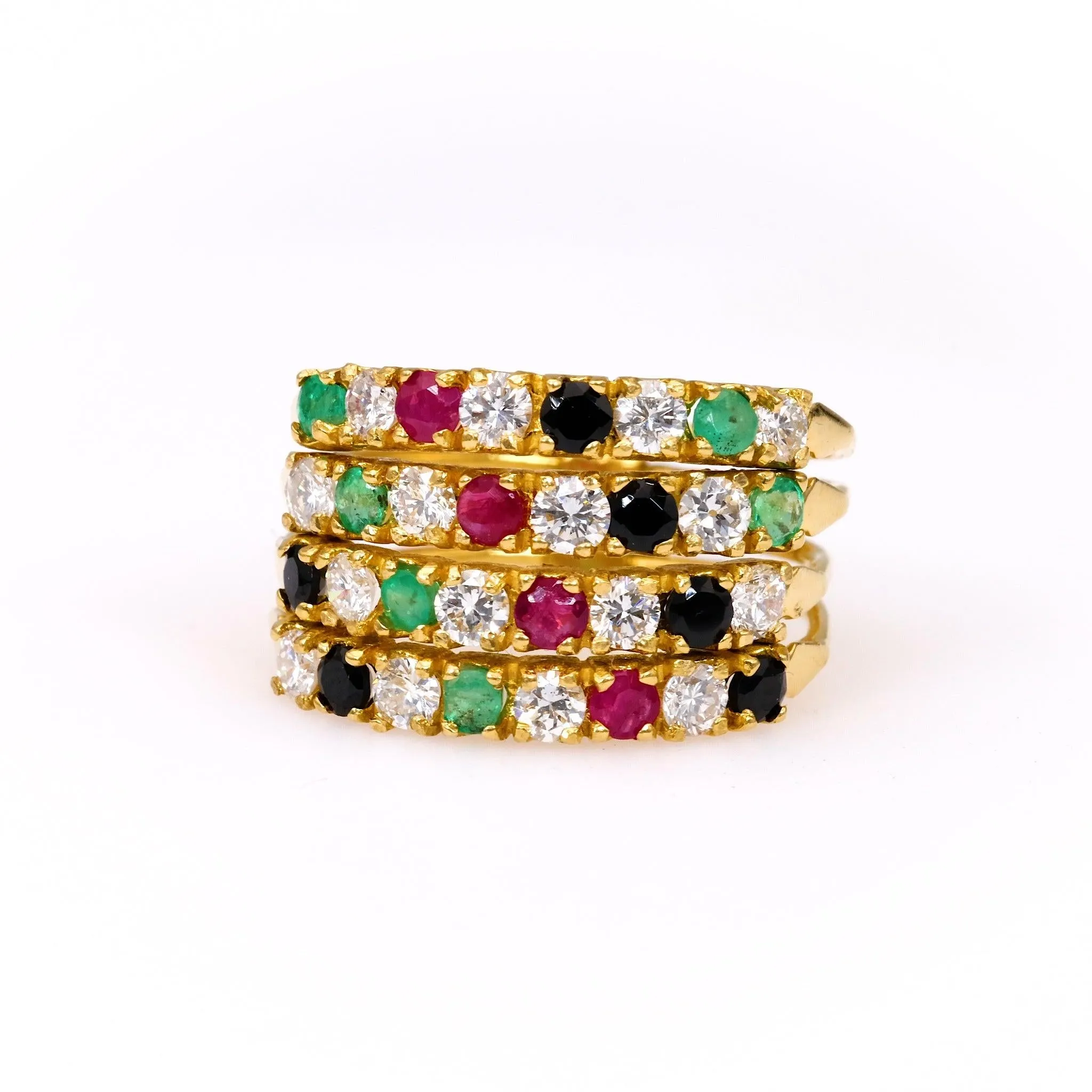 Vintage Diamond Emerald Onyx Ruby 18k Yellow Gold Ring