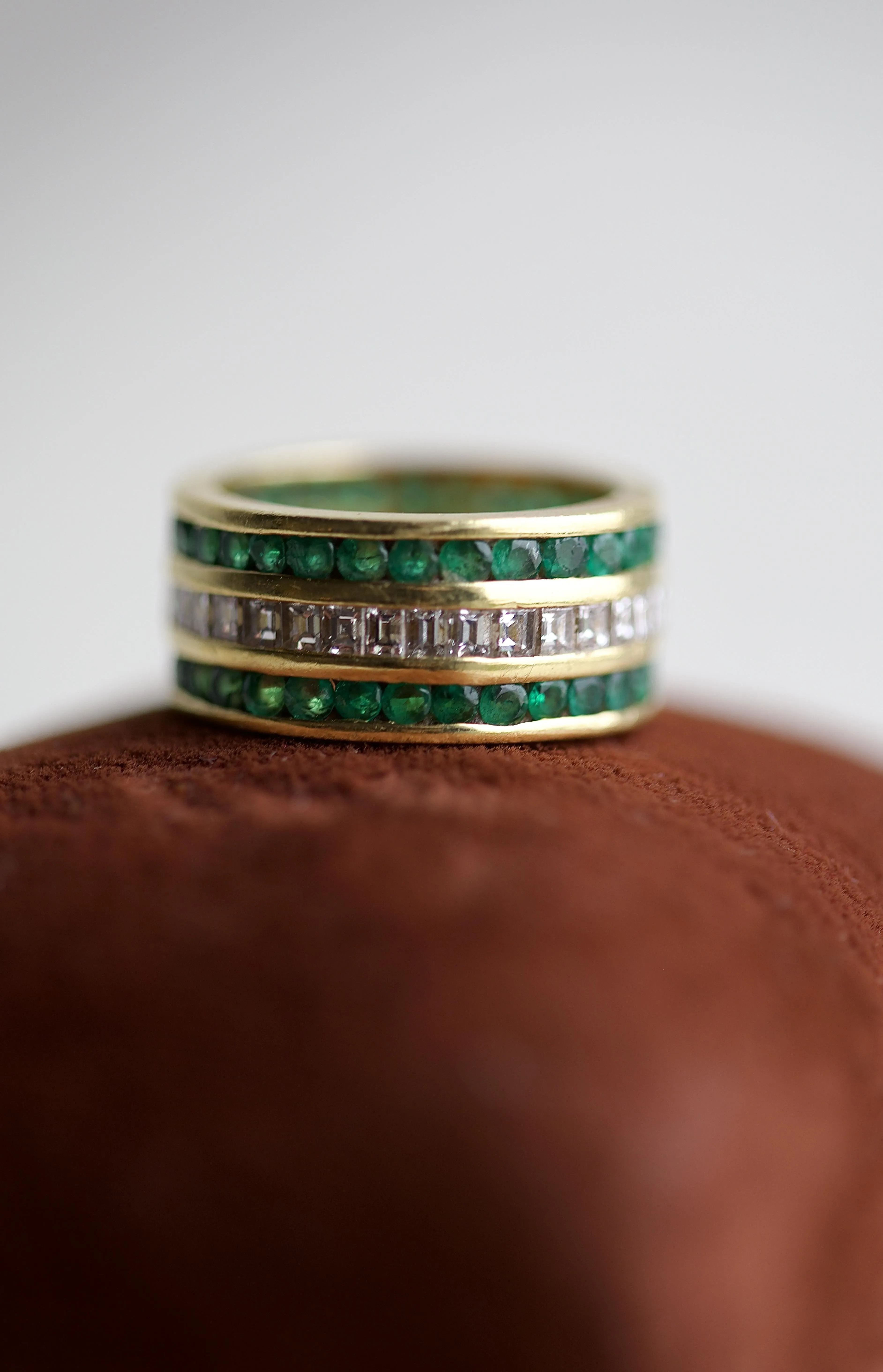 Vintage Diamond Emerald Three Row Yellow Gold Ring