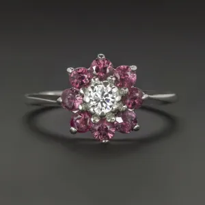 VINTAGE DIAMOND RUBY HALO COCKTAIL RING ROUND BRILLIANT CUT NATURAL WHITE GOLD