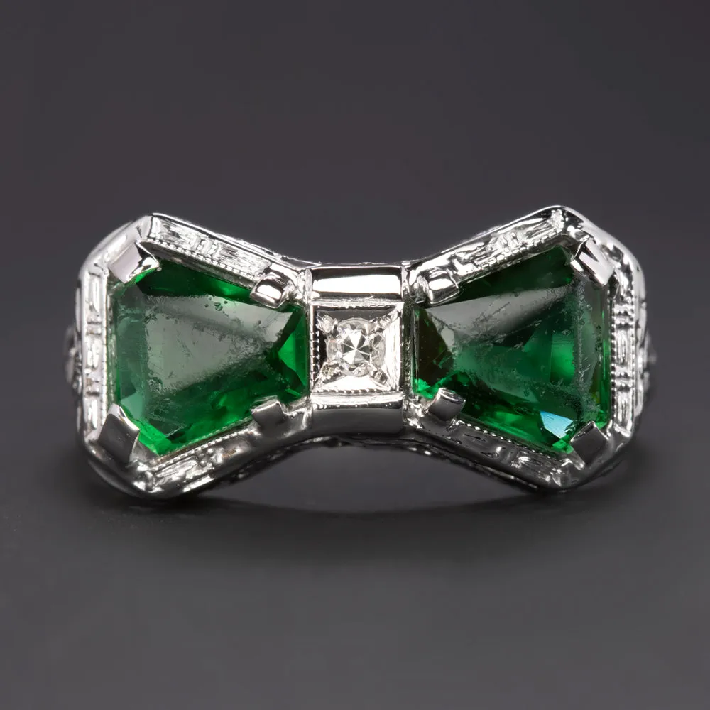 VINTAGE DIAMOND SYNTHETIC EMERALD BOW RING FILIGREE 14k WHITE GOLD COCKTAIL