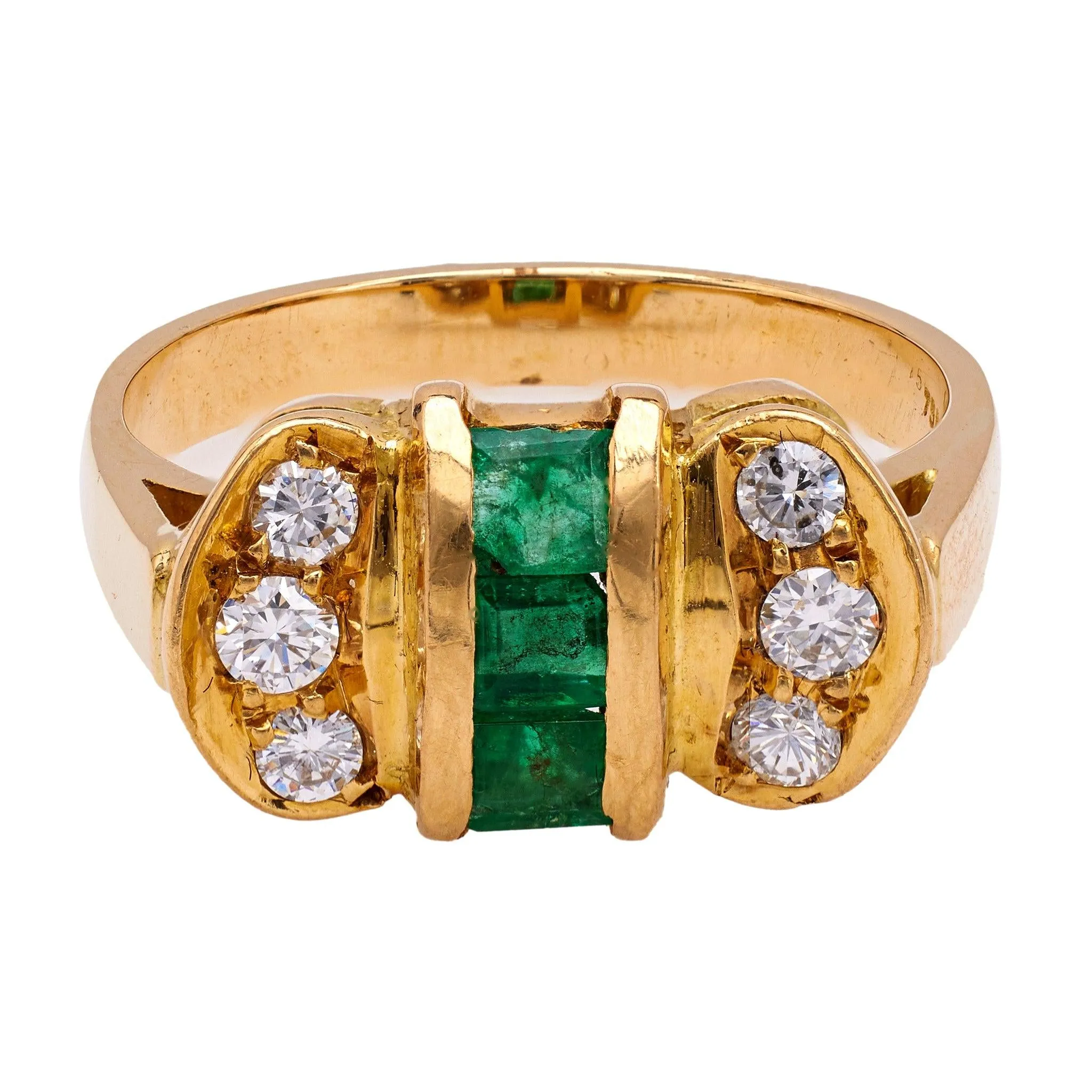 Vintage Emerald and Diamond 18k Yellow Gold Ring