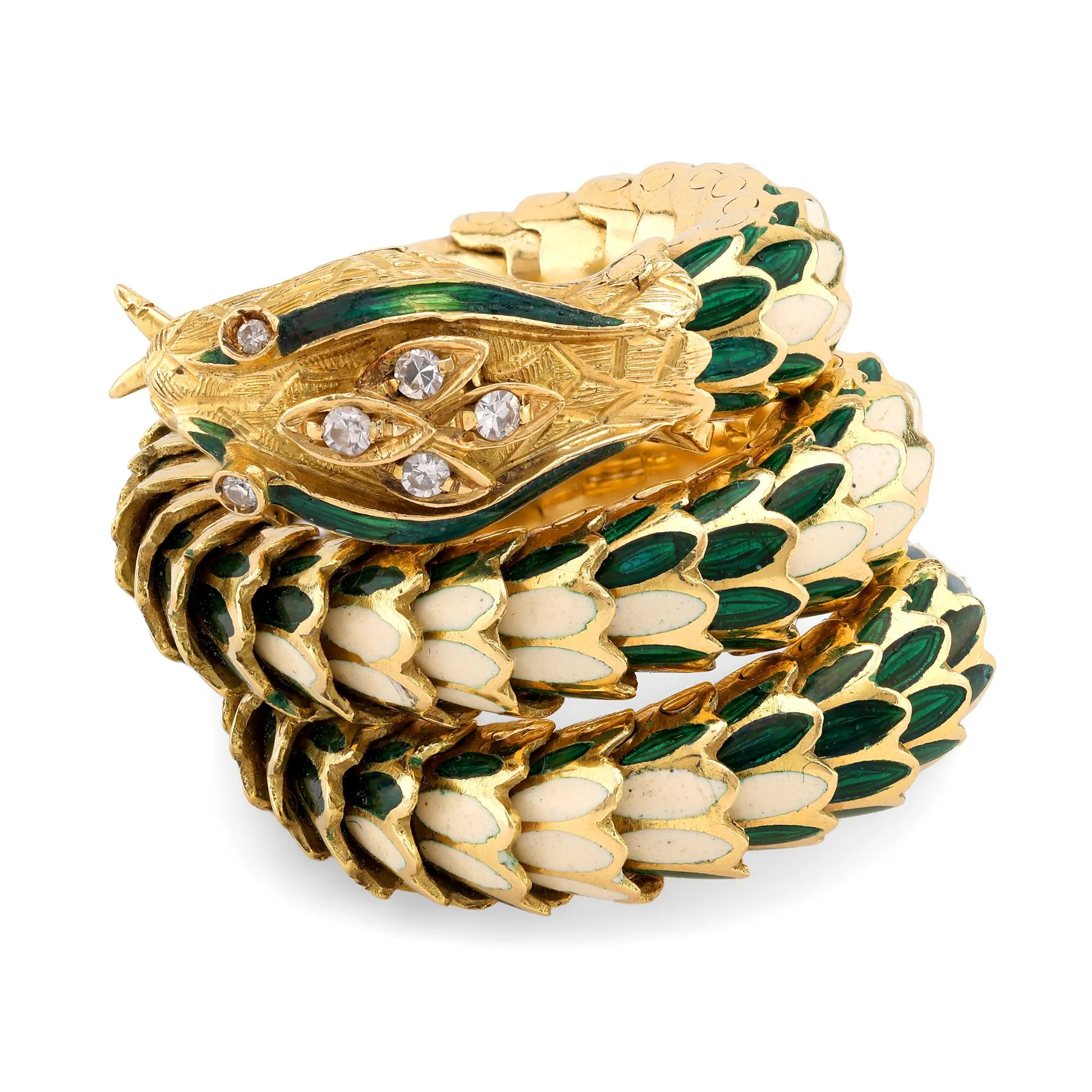 Vintage Italian Diamond 18K Gold Green and White Enamel Chunky Snake Wrap Ring