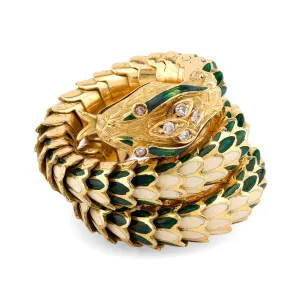 Vintage Italian Diamond 18K Gold Green and White Enamel Chunky Snake Wrap Ring