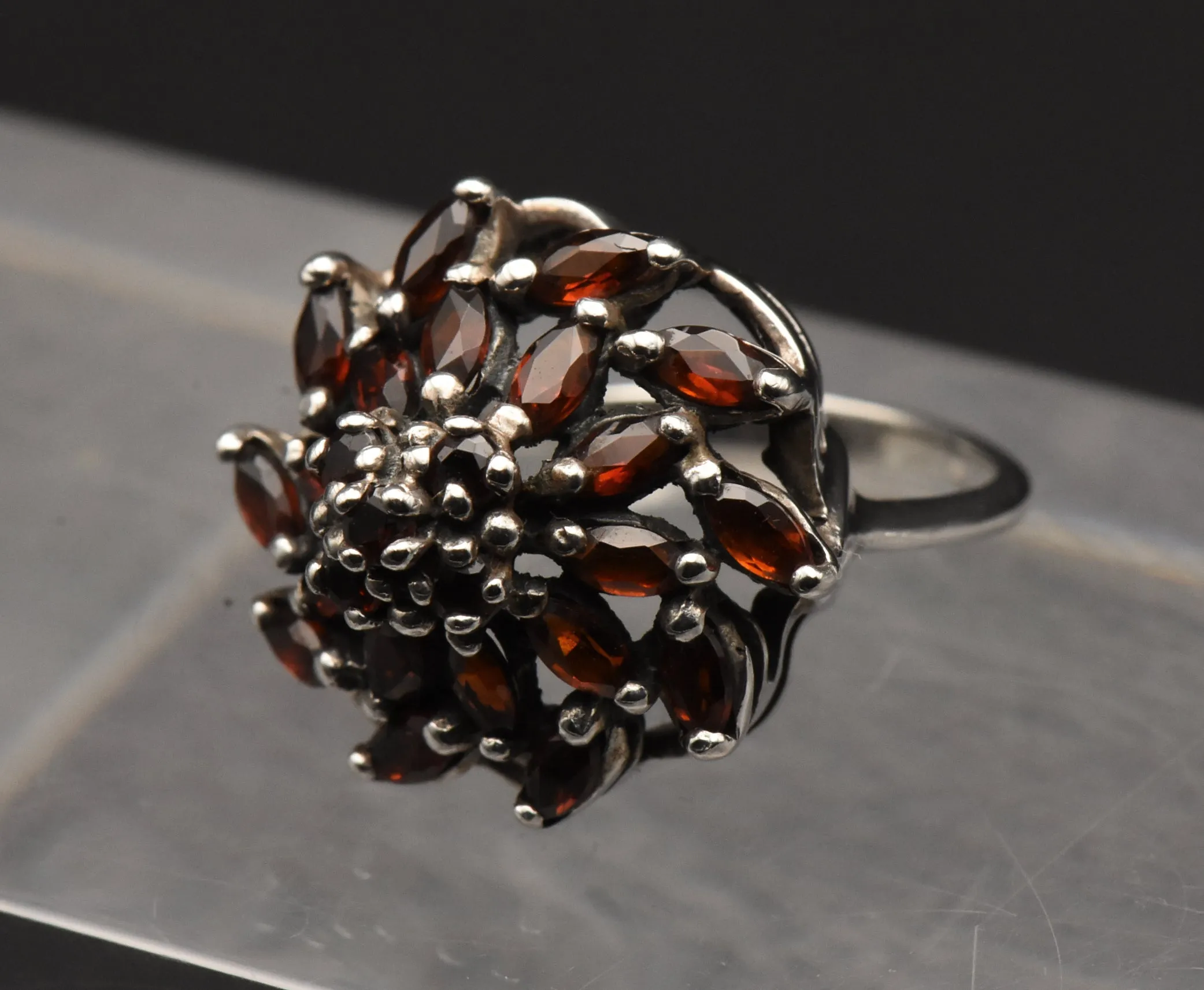 Vintage Sterling Silver Imitation Red Garnet Cocktail Ring - Size 5.75